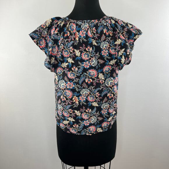 Roan + Ryan Black Multi Floral Paisley V-Neck Ladder Lace Flutter Sleeve Top XS - Picture 4 of 8